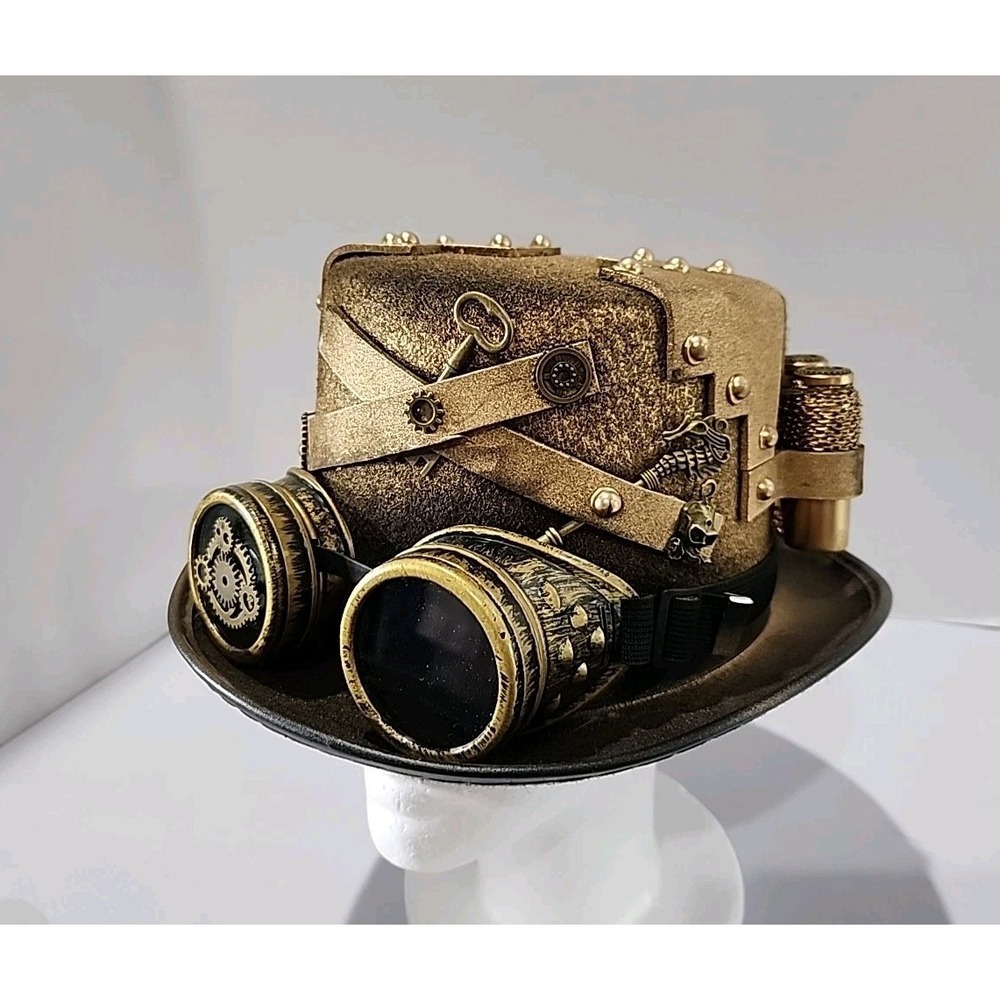 Unisex Steampunk Top Hat Gothic Punk Googles Hard Felt & Plastic Accents Gold